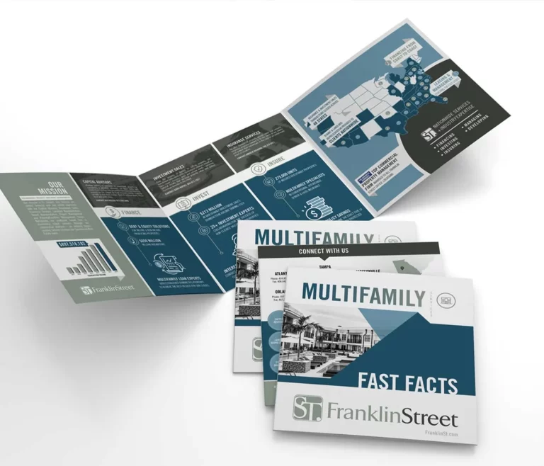 A stack of brochures and one that is unfolded displaying the contents of Franklin Street's services.