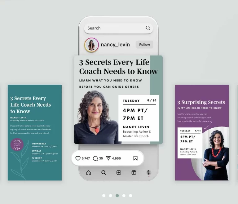 A scrolling grid displaying multiple ad versions for Nancy Levin's free masterclass series.