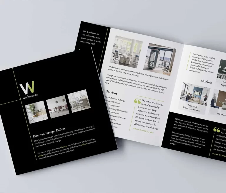 A brochures and one that is unfolded displaying the contents of Workscape's services.